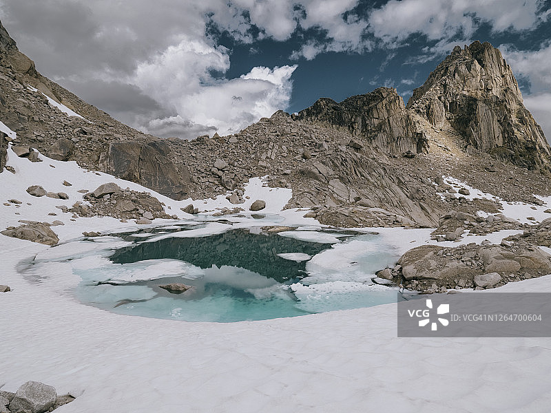 从新月冰川看到的东柱尖塔与冰川泻湖图片素材