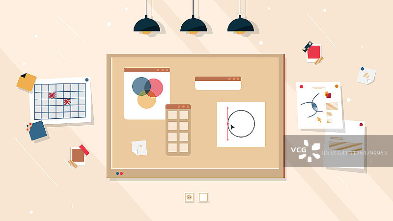 创意工作版面想法和商业项目矢量图：带有计划策略和办公室公告管理的创意工作版面，头脑风暴备忘录便签图片素材