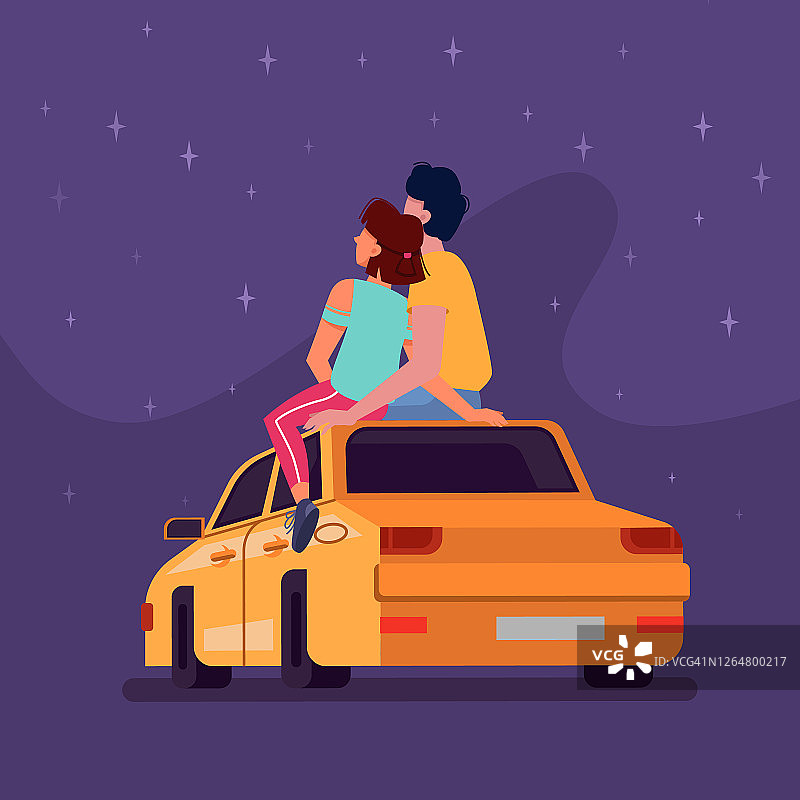 情侣坐在车顶上看星星，矢量扁平卡通背景。年轻男人和女人恋爱约会，拥抱并坐在车顶上看夜星图片素材