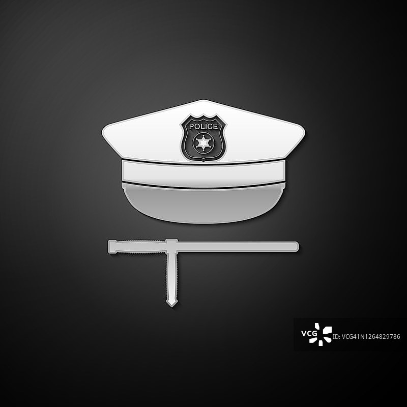 黑色背景上隔离的银色警帽和橡胶警棍图标。安全警棍。警棍。警察制服。长阴影样式。矢量图片素材