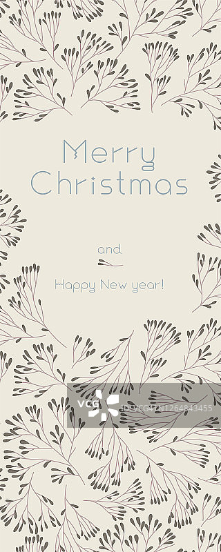 新年季节性庆祝贺卡。带有框架树叶的分离冷杉松果圣诞节树枝。图片素材