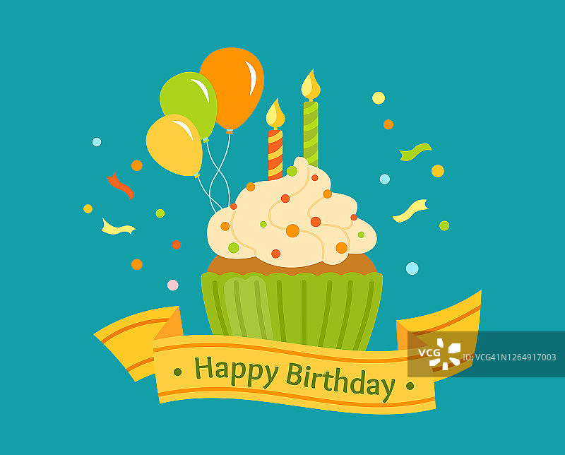 扁平风纸杯蛋糕气球生日祝福矢量素材图片素材