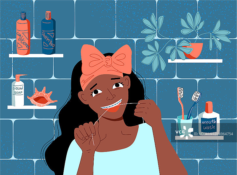 牙齿健康的日常护理。年轻的深色皮肤非洲裔女性在浴室用牙线清洁牙齿。日常护理。美丽的微笑。库存矢量扁平插图。图片素材