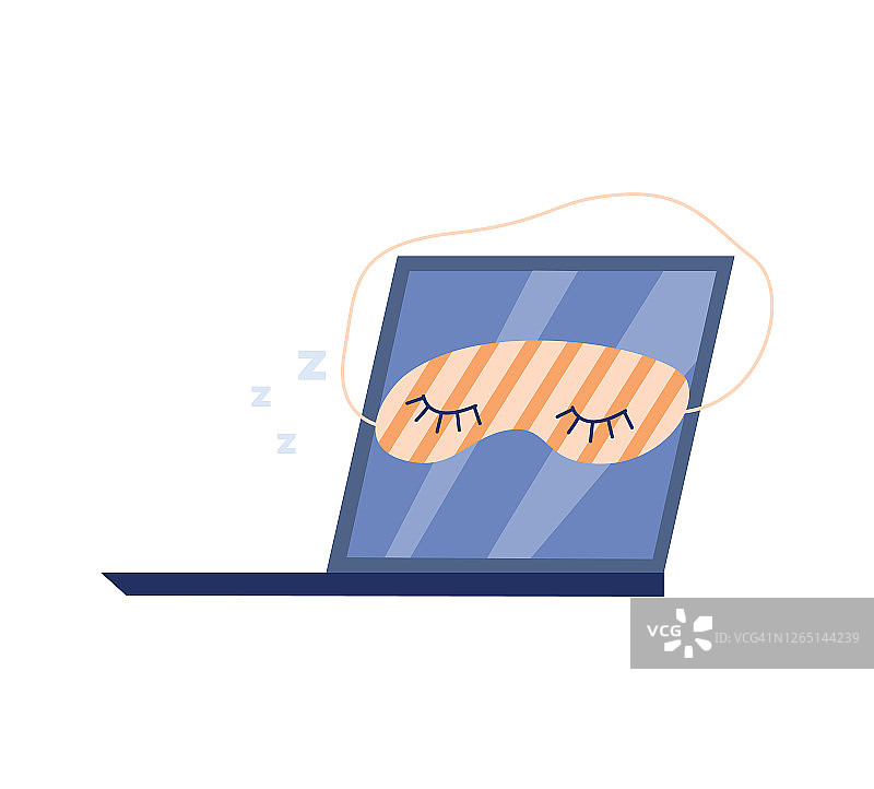 在笔记本电脑旁睡着的卡通图标，扁平风格矢量图，隔离在白色背景上图片素材