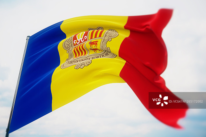 世界各国旗帜飘扬 - 安道尔国旗。浅景深拍摄，选择性聚焦。3D插图。图片素材