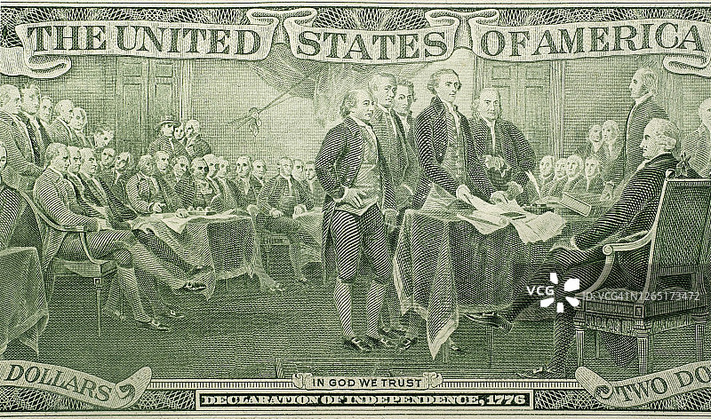 带有独立宣言场景的美国纸币图片素材