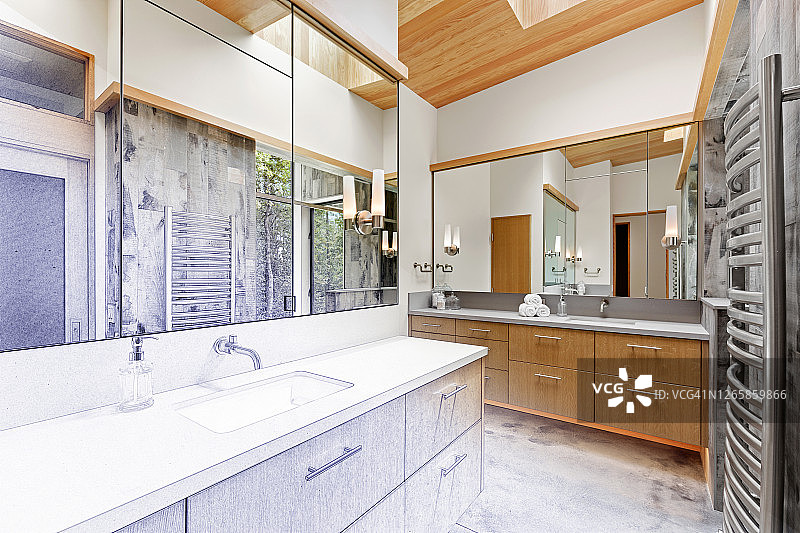 浴室改造施工与线条图过渡图片素材