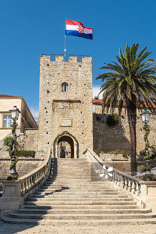 克罗地亚科尔丘拉古城城镇大门图片素材