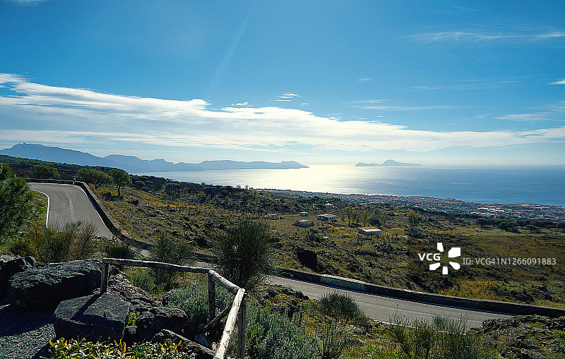从维苏威火山俯瞰庞贝古城主街和建筑的景色。地平线上的大海，背景是蓝色晴朗的天空。图片素材