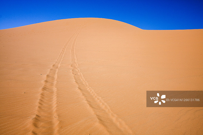 犹他州珊瑚粉红沙丘州立公园小径上的吉普车痕迹图片素材