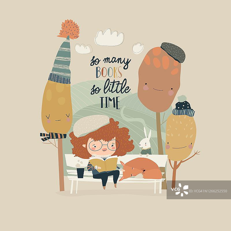 在秋日森林里读书的可爱卡通女孩图片素材