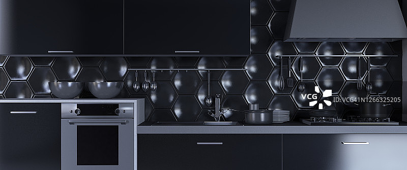 黑色厨房设计全景图片素材