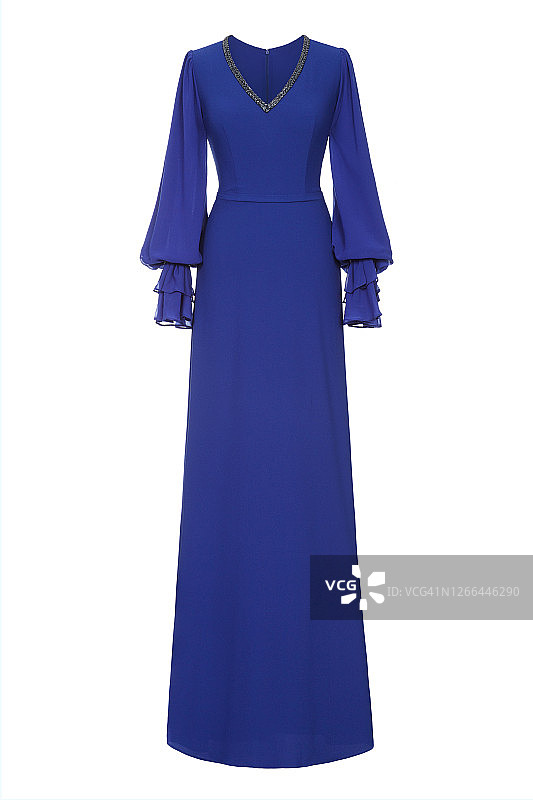 白色背景上的蓝色长款晚礼服图片素材