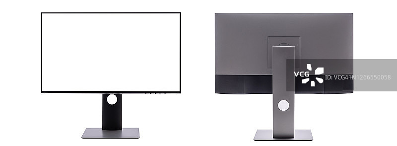 带有黑色屏幕保护程序和阴影的电脑显示器，适用于系统单元正面、背面，隔离在白色背景上图片素材