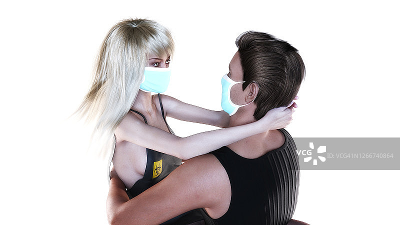 佩戴防护口罩情侣的艺术3D插画图片素材