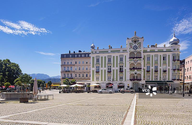 奥地利上奥地利州格蒙登市政厅广场的陶瓷钟琴市政厅图片素材