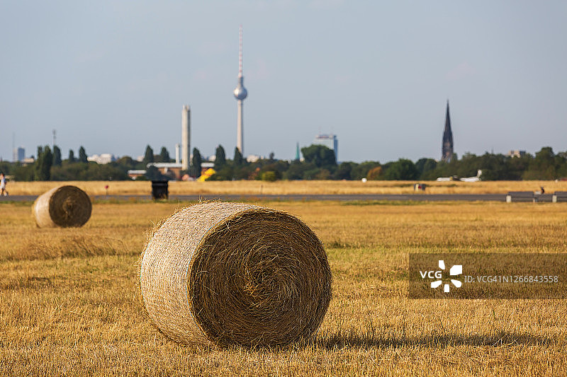 柏林天际线背景下的麦秸捆图片素材