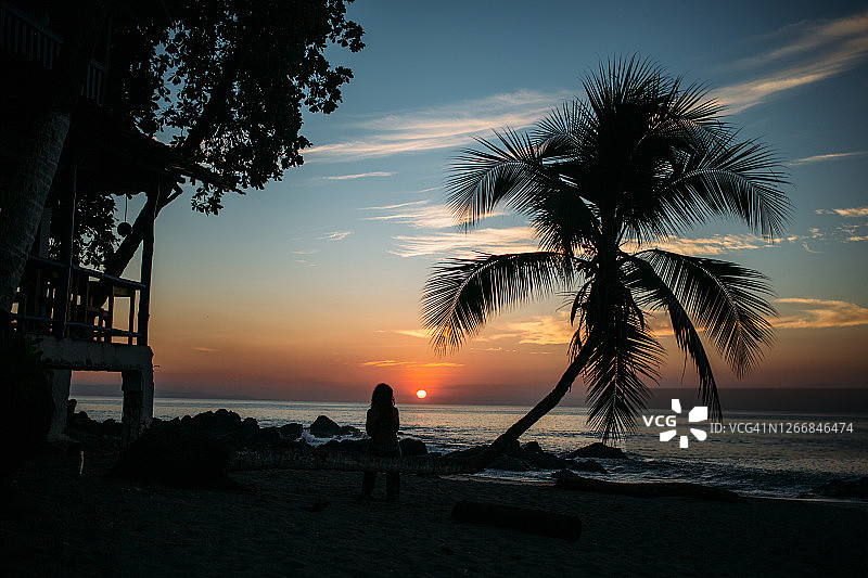 哥斯达黎加太平洋日出，棕榈树剪影图片素材