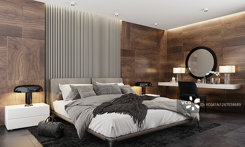 豪华公寓主卧室内的木镶板墙图片素材