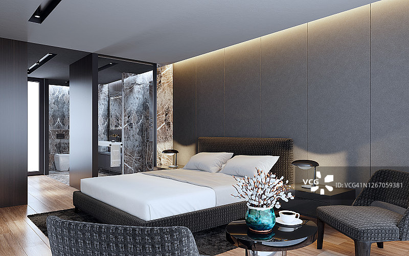 豪华公寓主卧室内景，配有步入式衣柜和淋浴浴室，灵感源自高级酒店客房图片素材