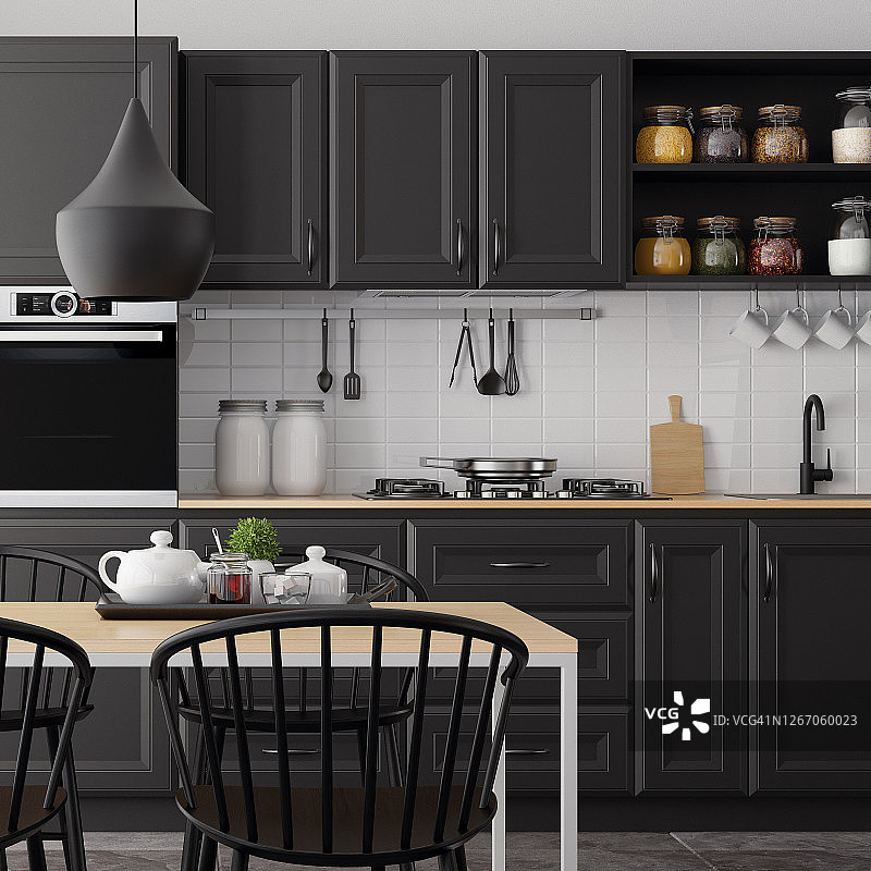 带有哑光黑色传统橱柜设计的现代斯堪的纳维亚风格厨房和餐厅图片素材