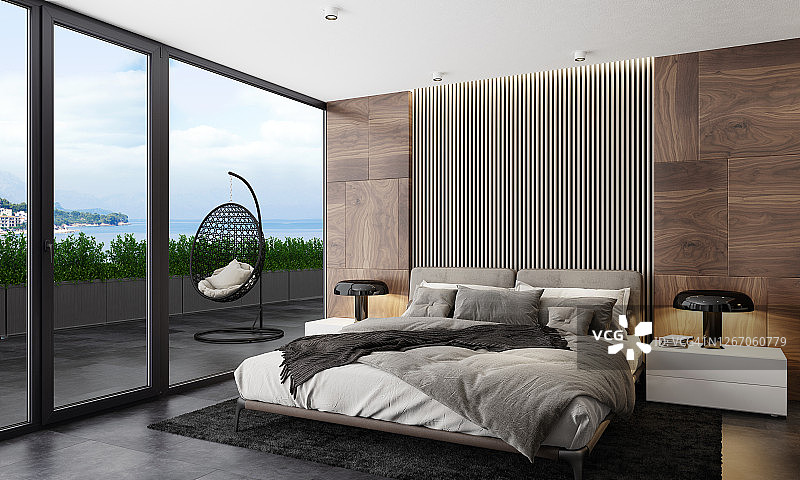豪华公寓主卧室内的木镶板墙图片素材