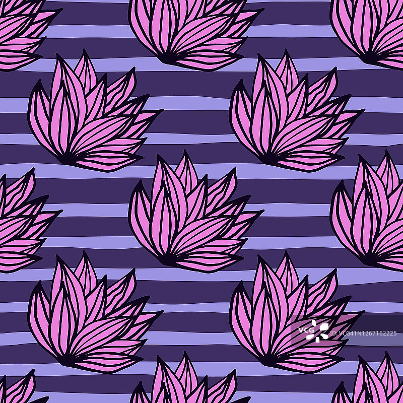 丁香色轮廓树叶灌木无缝图案，海军蓝条纹背景图片素材