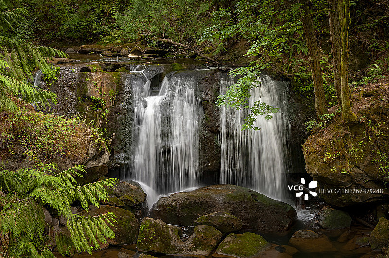 位于华盛顿州贝灵厄姆市中心的沃特科姆瀑布公园图片素材