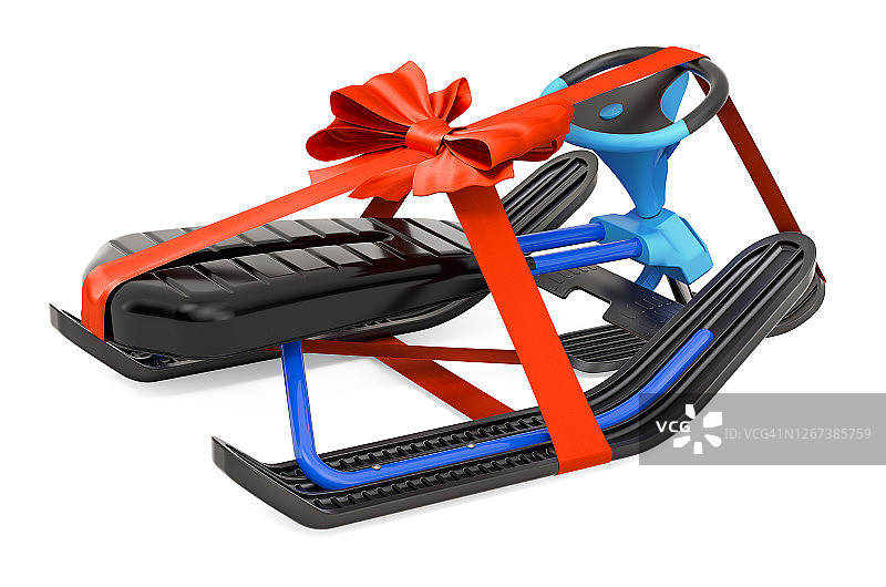 带红色蝴蝶结的雪橇，礼品概念，3D渲染白色背景图片素材
