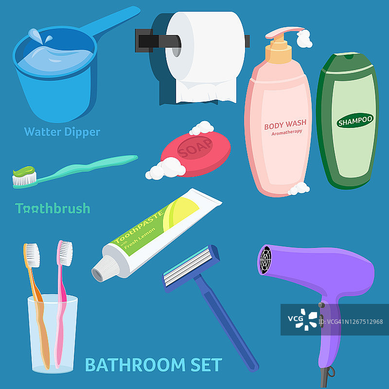 浴室用品物件（牙刷、肥皂、洗发水、牙膏、水勺、洗手液、纸巾、剃须刀、吹风机）插画矢量图，蓝色背景图片素材