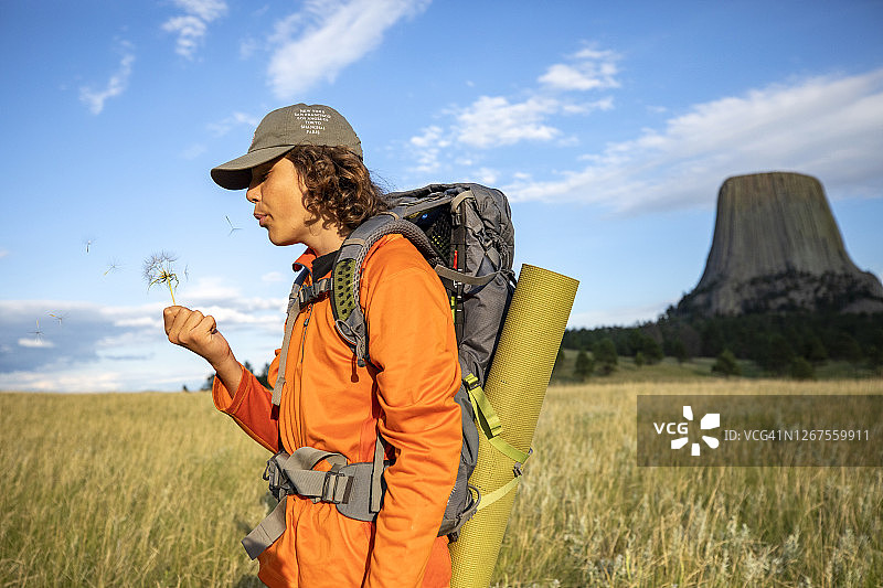 拿着蒲公英花的背包客图片素材