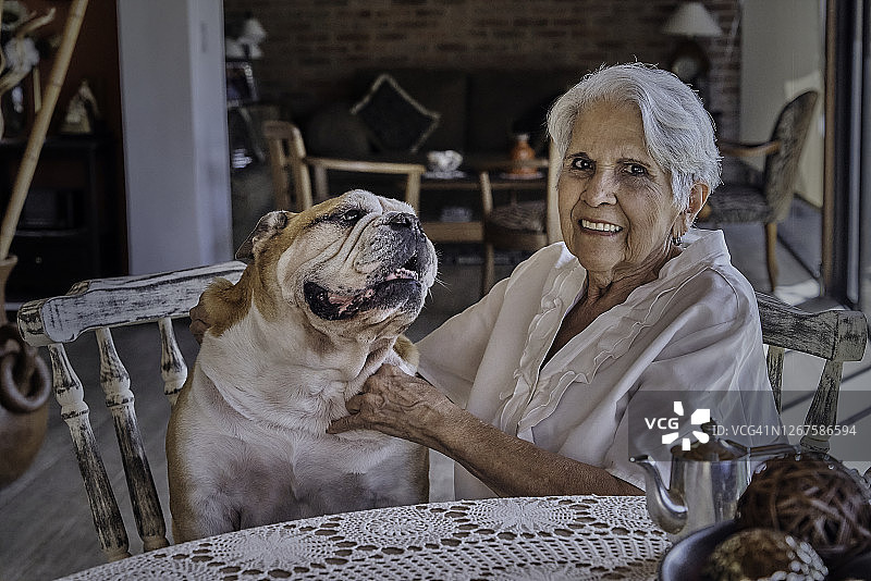 老年祖母和她的斗牛犬宠物玩耍图片素材