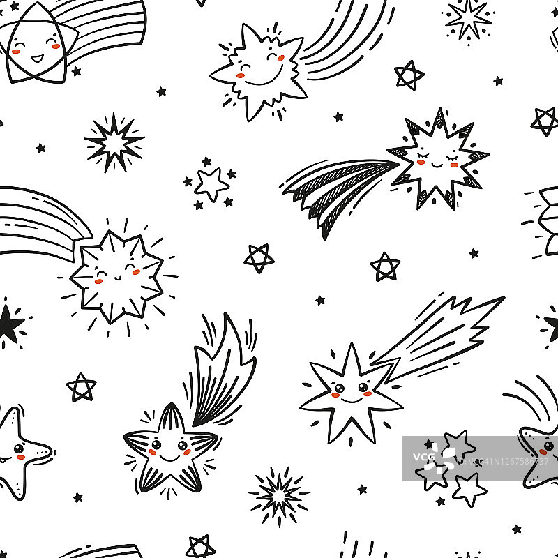 可爱卡通流星矢量无缝图案：手绘涂鸦风的星空背景，包含不同类型的流星形象。节日星星壁纸，适用于假日和生日派对设计图片素材