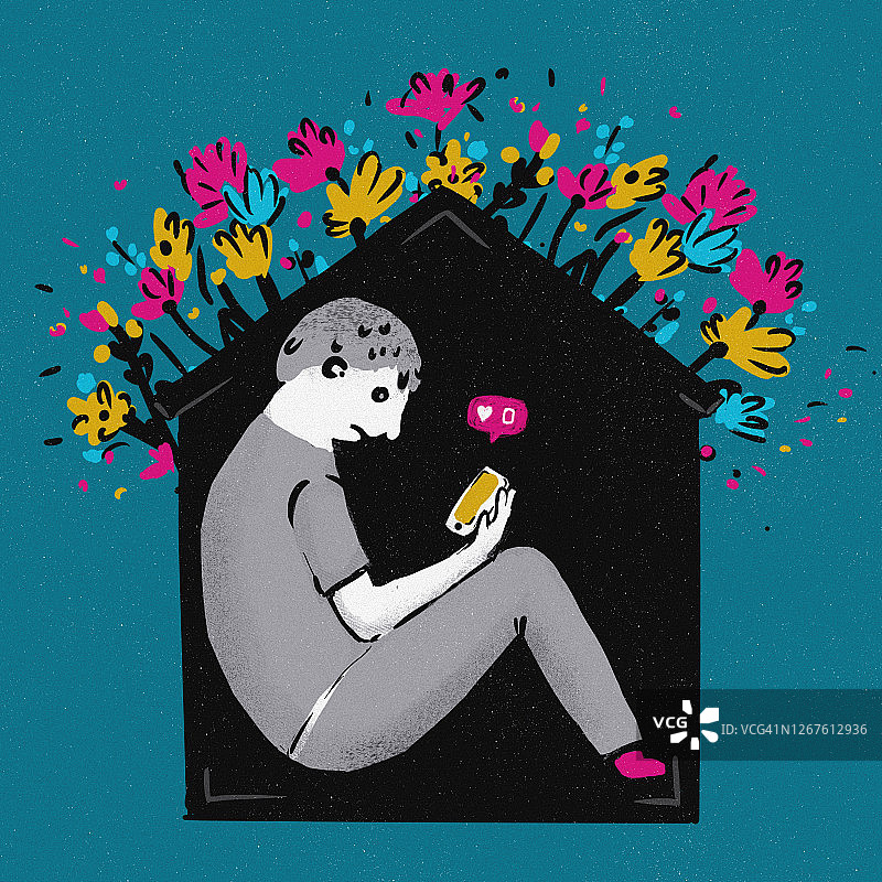 男孩独自在家隔离，感到悲伤图片素材