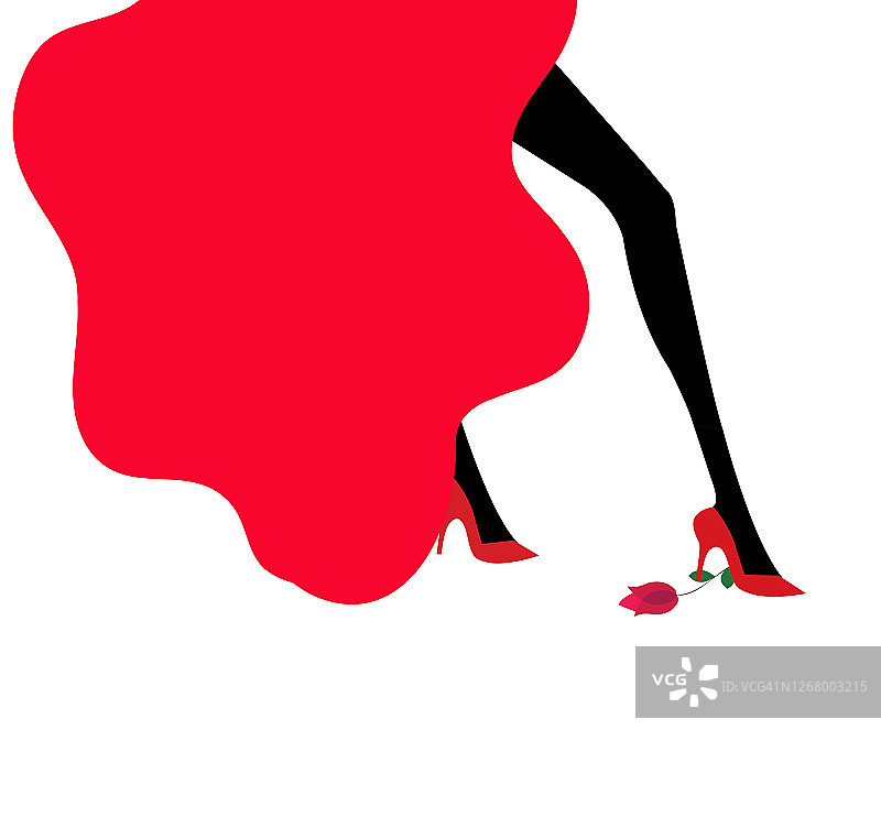 穿着红裙和红鞋踩在玫瑰上的舞者插画图片素材
