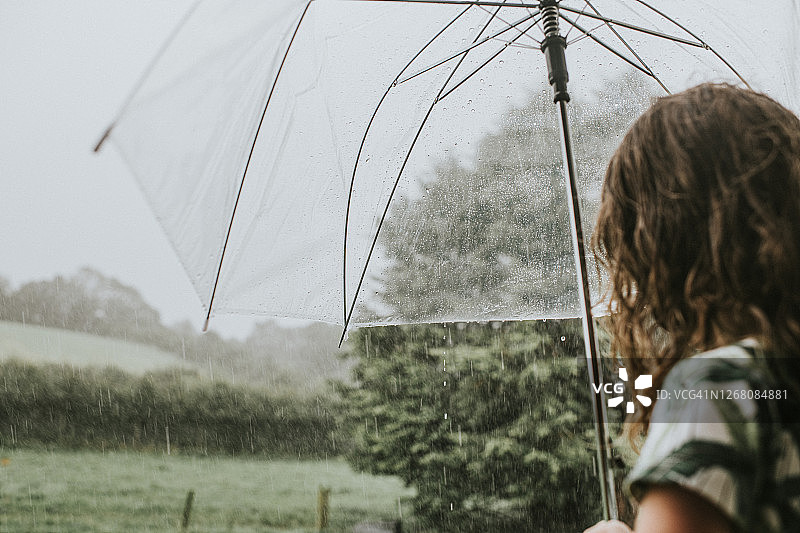 小女孩手持透明雨伞，望向大雨图片素材
