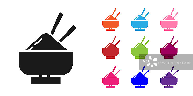 碗中黑米与筷子图标，白色背景分离。传统亚洲食物。彩色矢量图图片素材