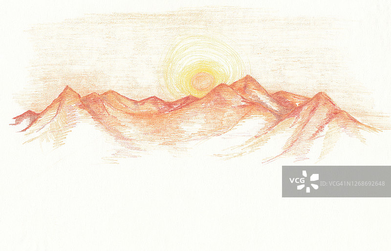 手绘铅笔彩色插画：山脉和沙丘的日落，沙漠中的日出图片素材