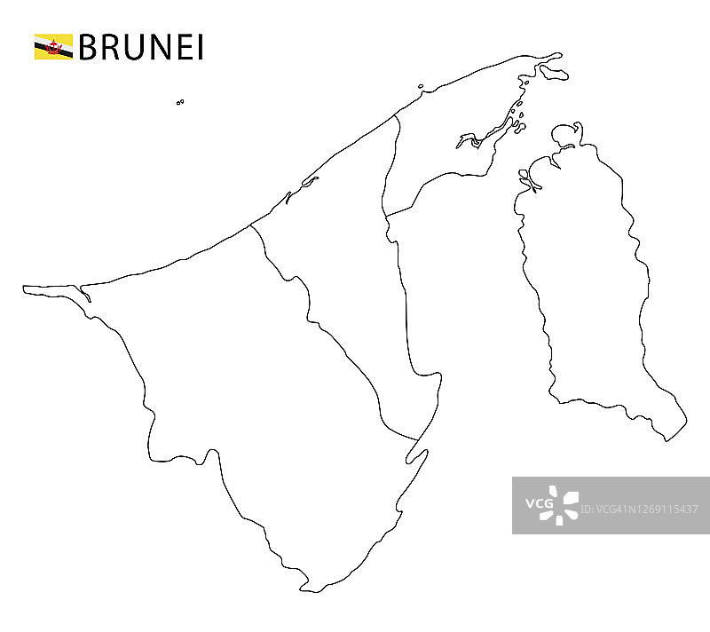 文莱地图，黑白详细轮廓区域图片素材