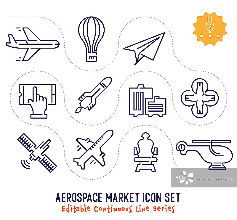 航空航天市场可编辑连续线条图标包图片素材