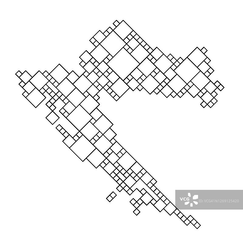 由不同大小的正方形网格组成的黑色图案构成的克罗地亚地图。矢量图示图片素材