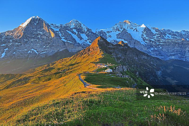 少女峰地区艾格峰、僧侣峰和少女峰日出时的山地草甸，瑞士伯恩州图片素材