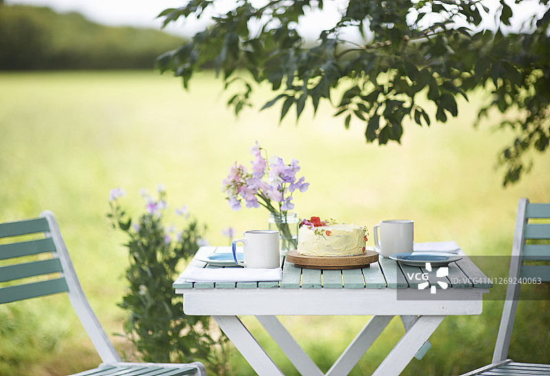 乡村花园的桌子上摆放着下午茶和自制蛋糕图片素材