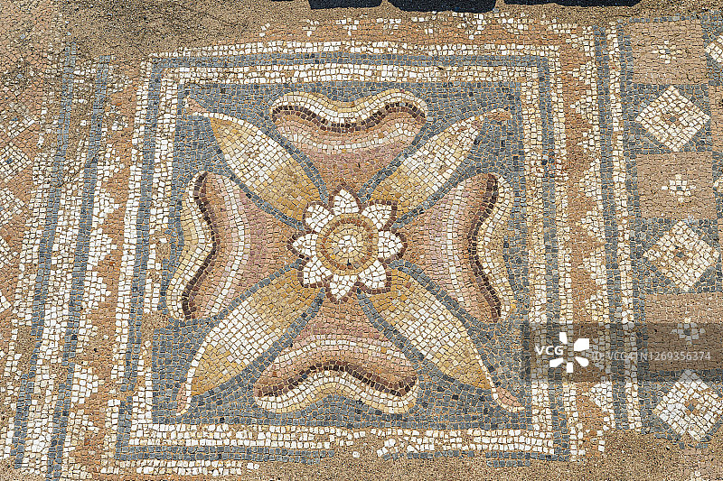 希腊中马其顿地区迪翁：迪翁考古公园中的古代马赛克图片素材