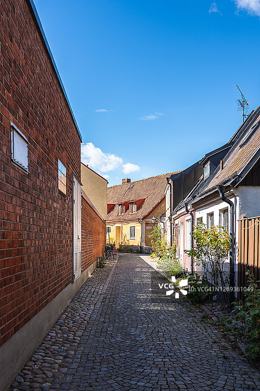 瑞典于斯塔德舒适的鹅卵石街道图片素材