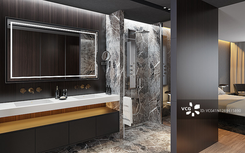 豪华公寓主卧室内景，带淋浴的浴室，灵感来自高级酒店客房的大理石瓷砖图片素材