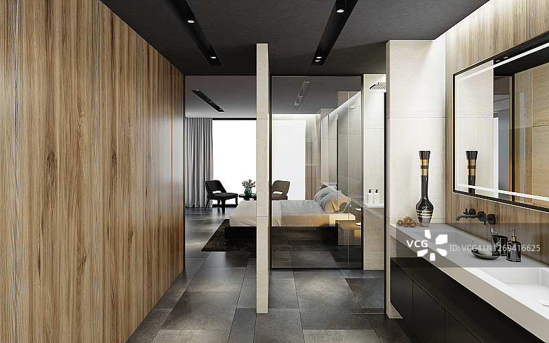 奢华乡村风格主卧室内景，大理石木板带浴室图片素材