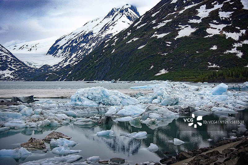 春季解冻，冰川融水注入的冰冻湖泊开始融化图片素材