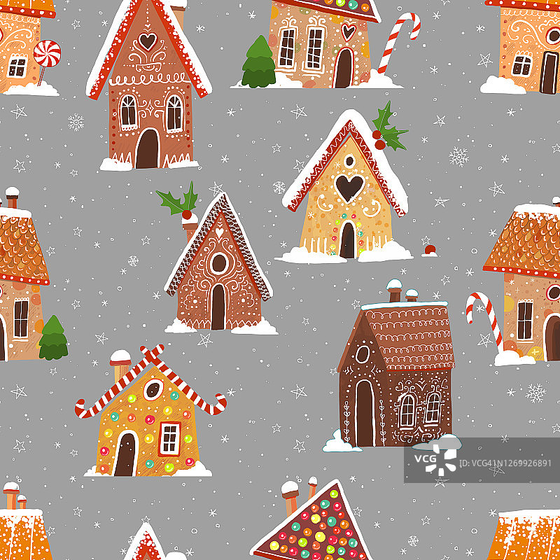卡通姜饼屋饼干无缝图案，可用于壁纸、图案填充、纺织品、网页背景、表面纹理图片素材