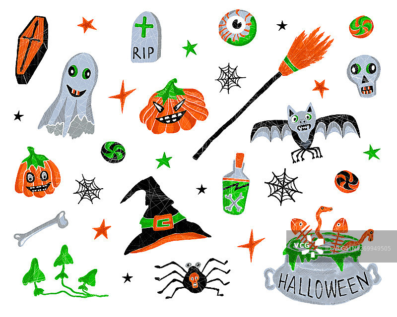 万圣节南瓜幽灵蝙蝠女巫星星套装图片素材